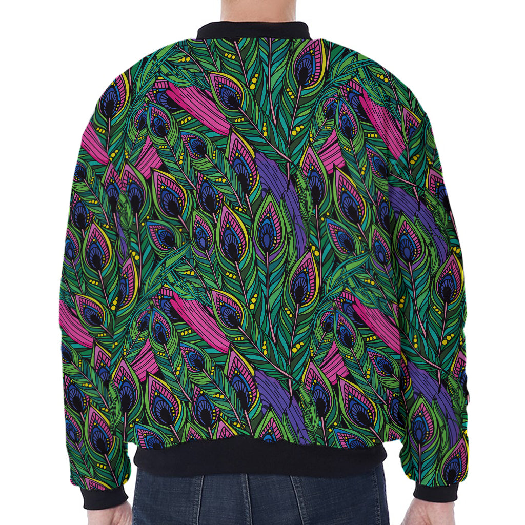 Boho Peacock Feather Pattern Print Zip Sleeve Bomber Jacket