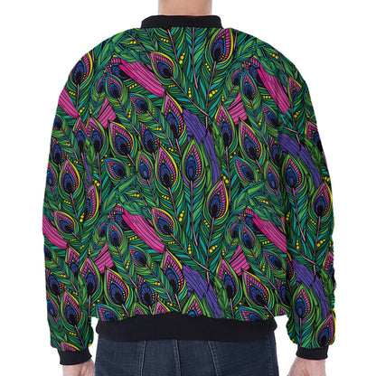 Boho Peacock Feather Pattern Print Zip Sleeve Bomber Jacket