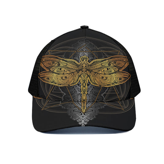 Boho Spiritual Dragonfly Print Black Mesh Trucker Cap