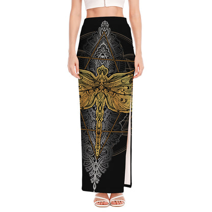Boho Spiritual Dragonfly Print High Slit Maxi Skirt