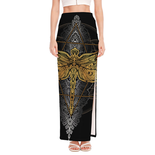 Boho Spiritual Dragonfly Print High Slit Maxi Skirt