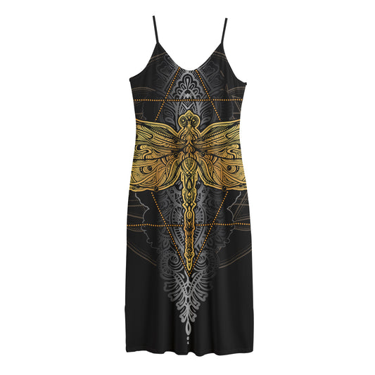 Boho Spiritual Dragonfly Print Jersey Midi Cami Dress