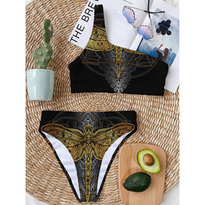 Boho Spiritual Dragonfly Print One Shoulder Bikini Top
