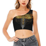 Boho Spiritual Dragonfly Print One Shoulder Crop Top