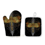Boho Spiritual Dragonfly Print Oven Mitt And Pot Holder Set