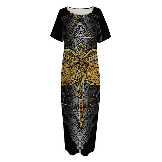 Boho Spiritual Dragonfly Print Short Sleeve Long Nightdress