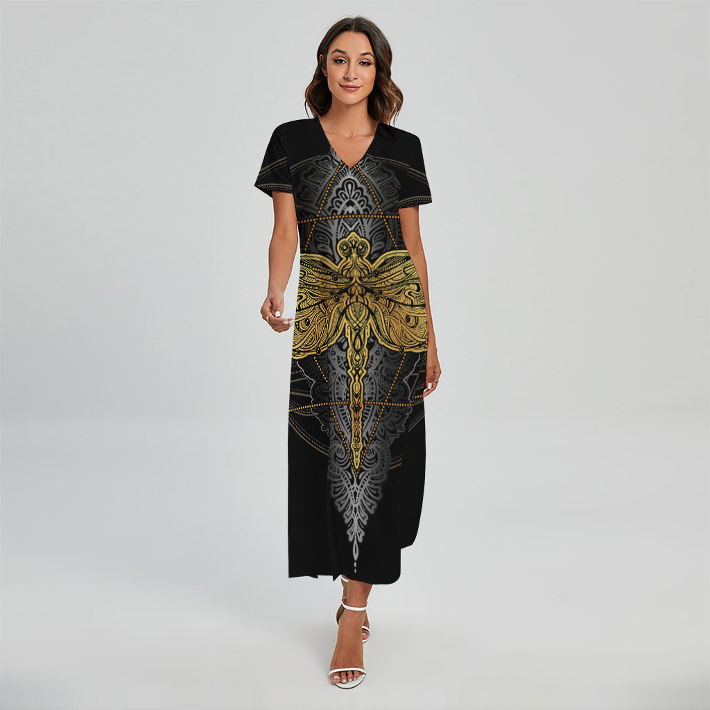 Boho Spiritual Dragonfly Print Short Sleeve Maxi Dress