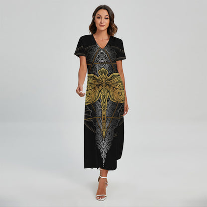 Boho Spiritual Dragonfly Print Short Sleeve Maxi Dress