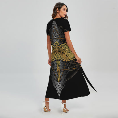Boho Spiritual Dragonfly Print Short Sleeve Maxi Dress