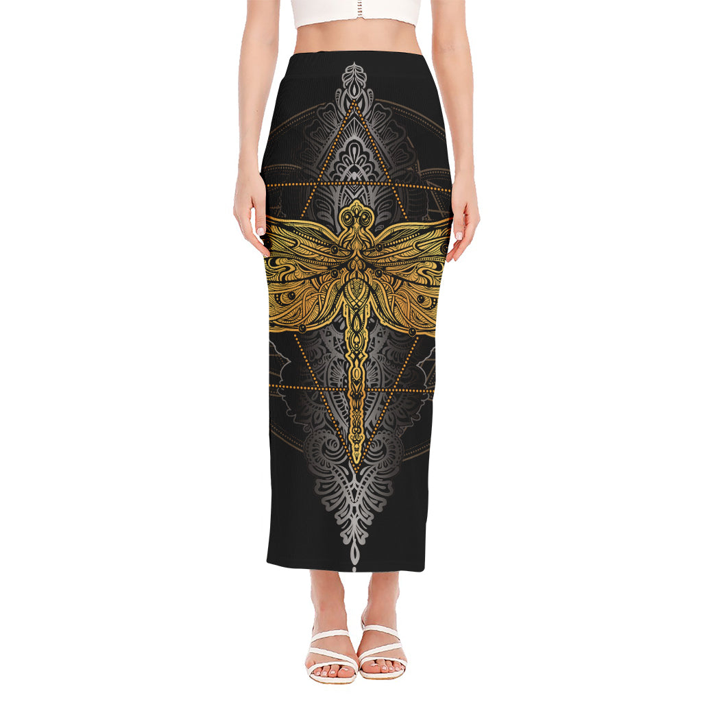 Boho Spiritual Dragonfly Print Side Slit Maxi Skirt