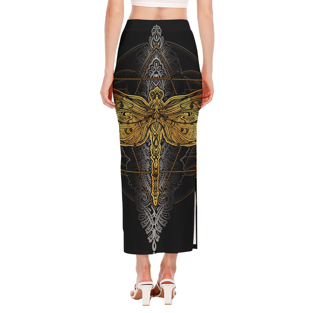 Boho Spiritual Dragonfly Print Side Slit Maxi Skirt