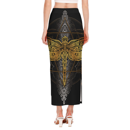 Boho Spiritual Dragonfly Print Side Slit Maxi Skirt