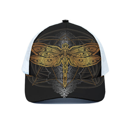 Boho Spiritual Dragonfly Print White Mesh Trucker Cap