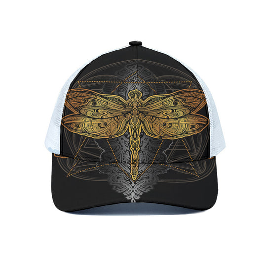 Boho Spiritual Dragonfly Print White Mesh Trucker Cap
