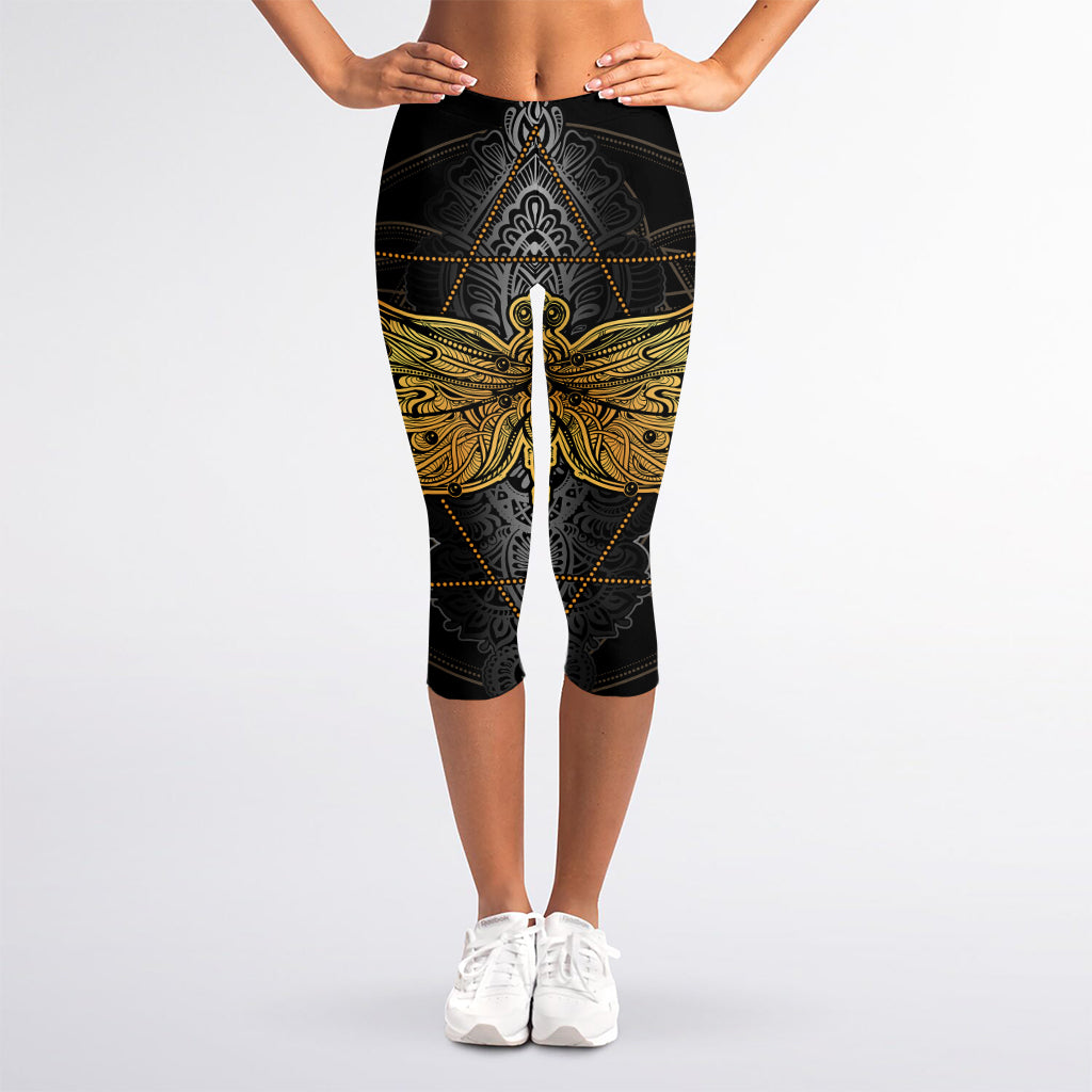 Boho Spiritual Dragonfly Print Women's Capri Leggings