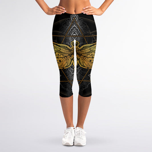 Boho Spiritual Dragonfly Print Women's Capri Leggings