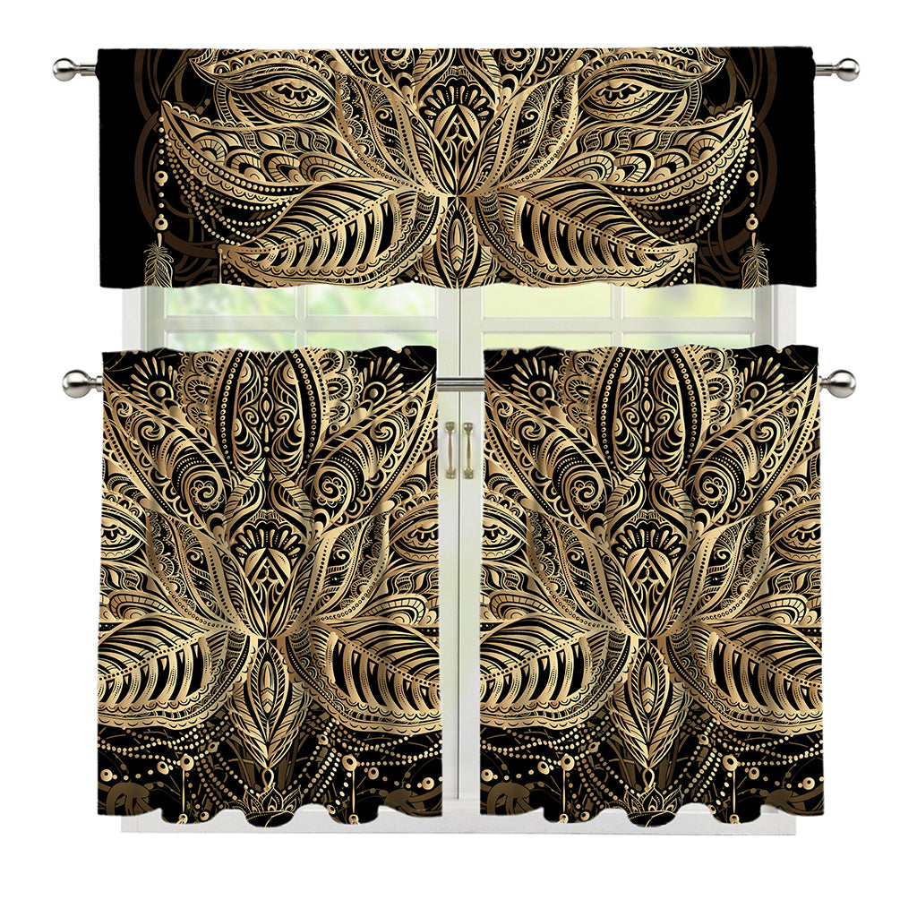 Boho Spiritual Lotus Print 3 Piece Kitchen Curtains