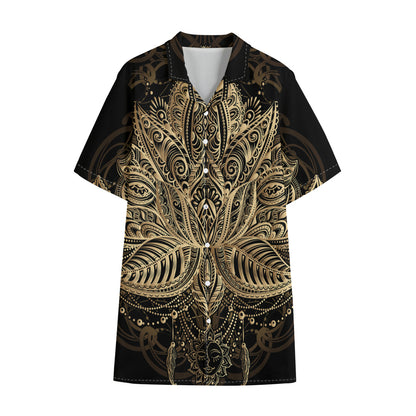 Boho Spiritual Lotus Print Cotton Hawaiian Shirt