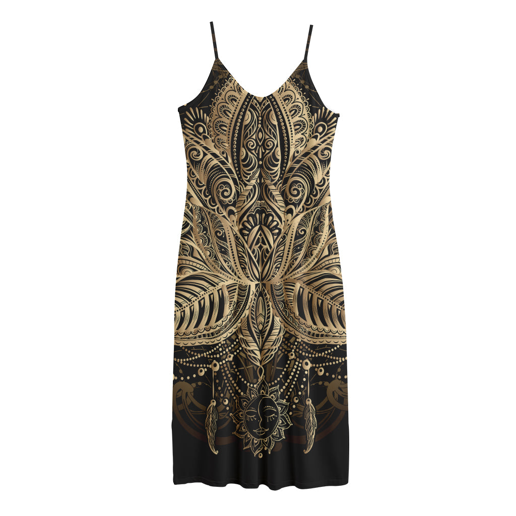 Boho Spiritual Lotus Print Jersey Midi Cami Dress