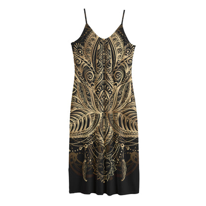 Boho Spiritual Lotus Print Jersey Midi Cami Dress