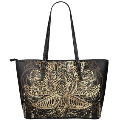 Boho Spiritual Lotus Print Leather Tote Bag