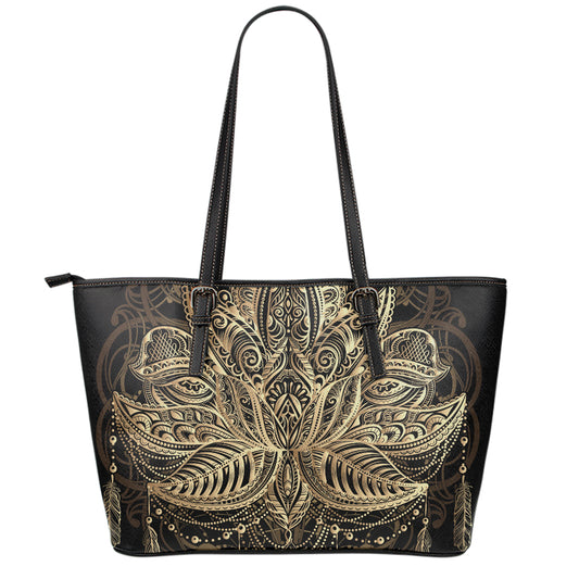 Boho Spiritual Lotus Print Leather Tote Bag