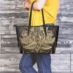 Boho Spiritual Lotus Print Leather Tote Bag