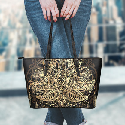 Boho Spiritual Lotus Print Leather Tote Bag