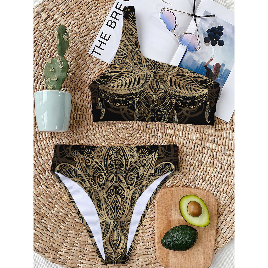 Boho Spiritual Lotus Print One Shoulder Bikini Top