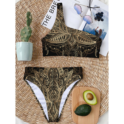 Boho Spiritual Lotus Print One Shoulder Bikini Top