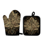 Boho Spiritual Lotus Print Oven Mitt And Pot Holder Set