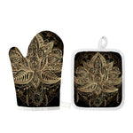 Boho Spiritual Lotus Print Oven Mitt And Pot Holder Set