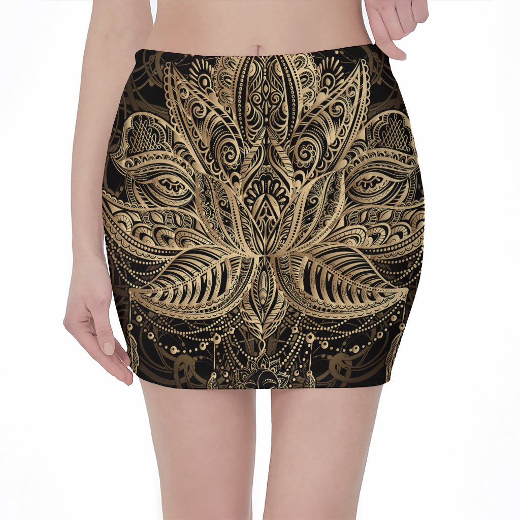 Boho Spiritual Lotus Print Pencil Mini Skirt