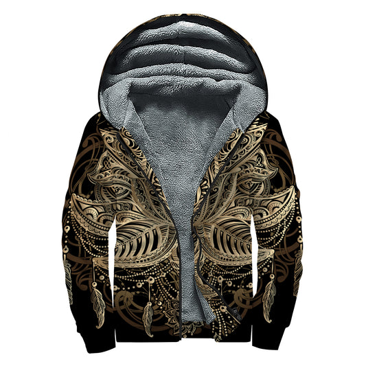 Boho Spiritual Lotus Print Sherpa Lined Zip Up Hoodie