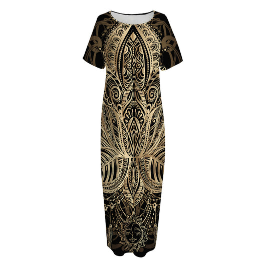 Boho Spiritual Lotus Print Short Sleeve Long Nightdress