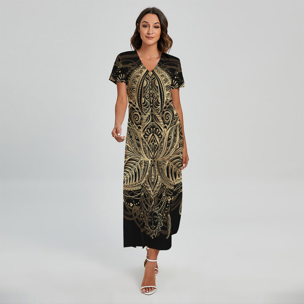 Boho Spiritual Lotus Print Short Sleeve Maxi Dress