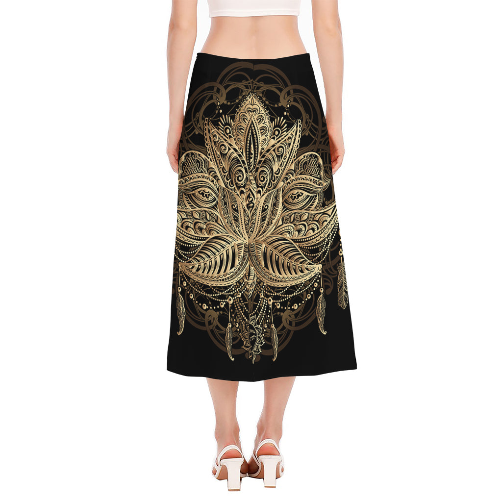 Boho Spiritual Lotus Print Side Slit Midi Skirt