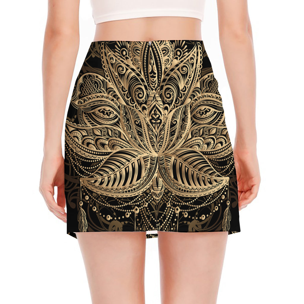 Boho Spiritual Lotus Print Side Slit Mini Skirt