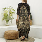 Boho Spiritual Lotus Print Silk V-Neck Kaftan Dress