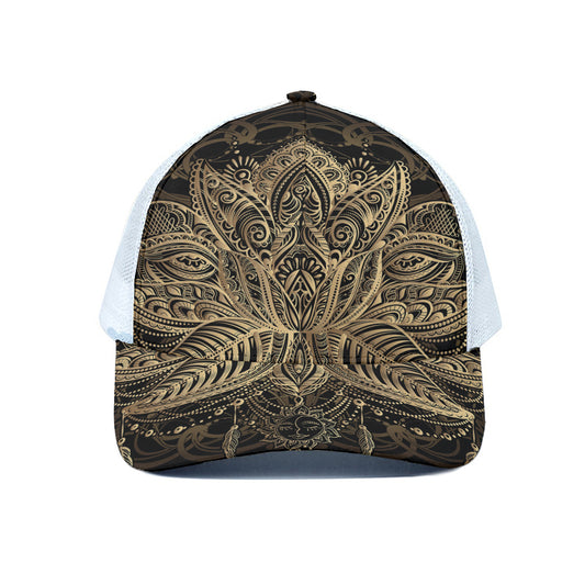 Boho Spiritual Lotus Print White Mesh Trucker Cap
