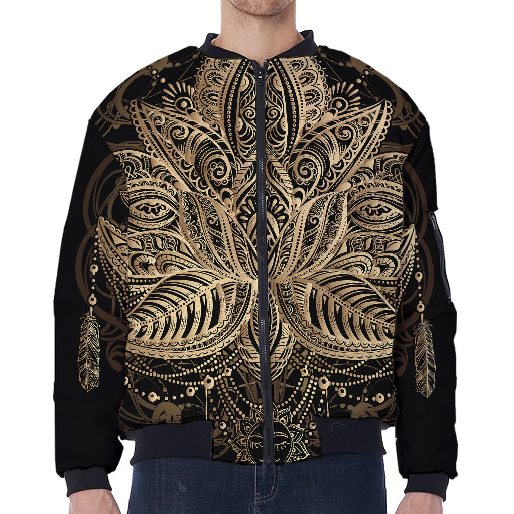 Boho Spiritual Lotus Print Zip Sleeve Bomber Jacket