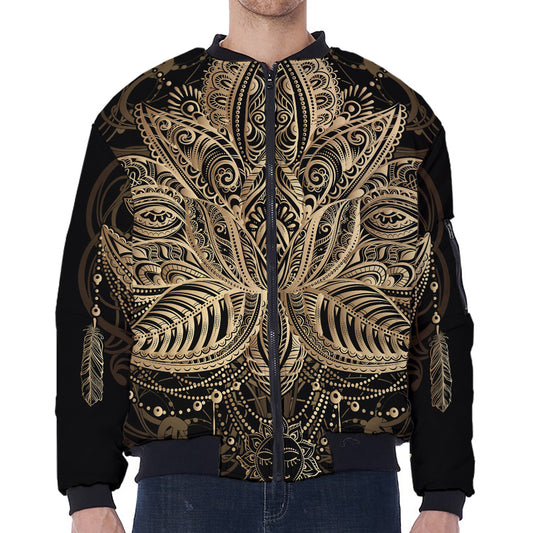 Boho Spiritual Lotus Print Zip Sleeve Bomber Jacket