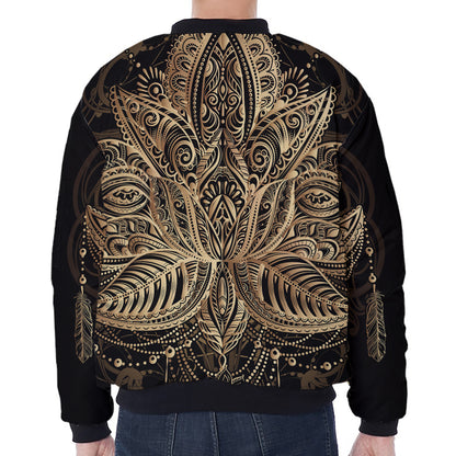 Boho Spiritual Lotus Print Zip Sleeve Bomber Jacket