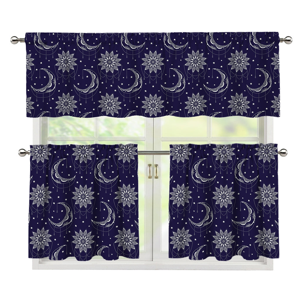 Boho Sun And Moon Pattern Print 3 Piece Kitchen Curtains