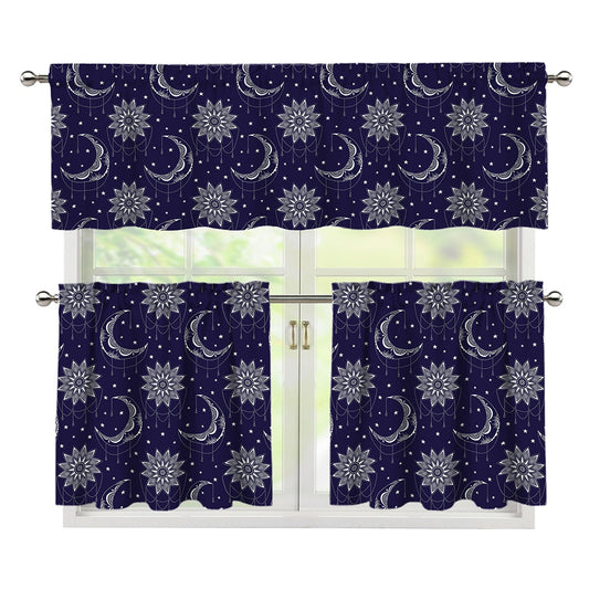 Boho Sun And Moon Pattern Print 3 Piece Kitchen Curtains