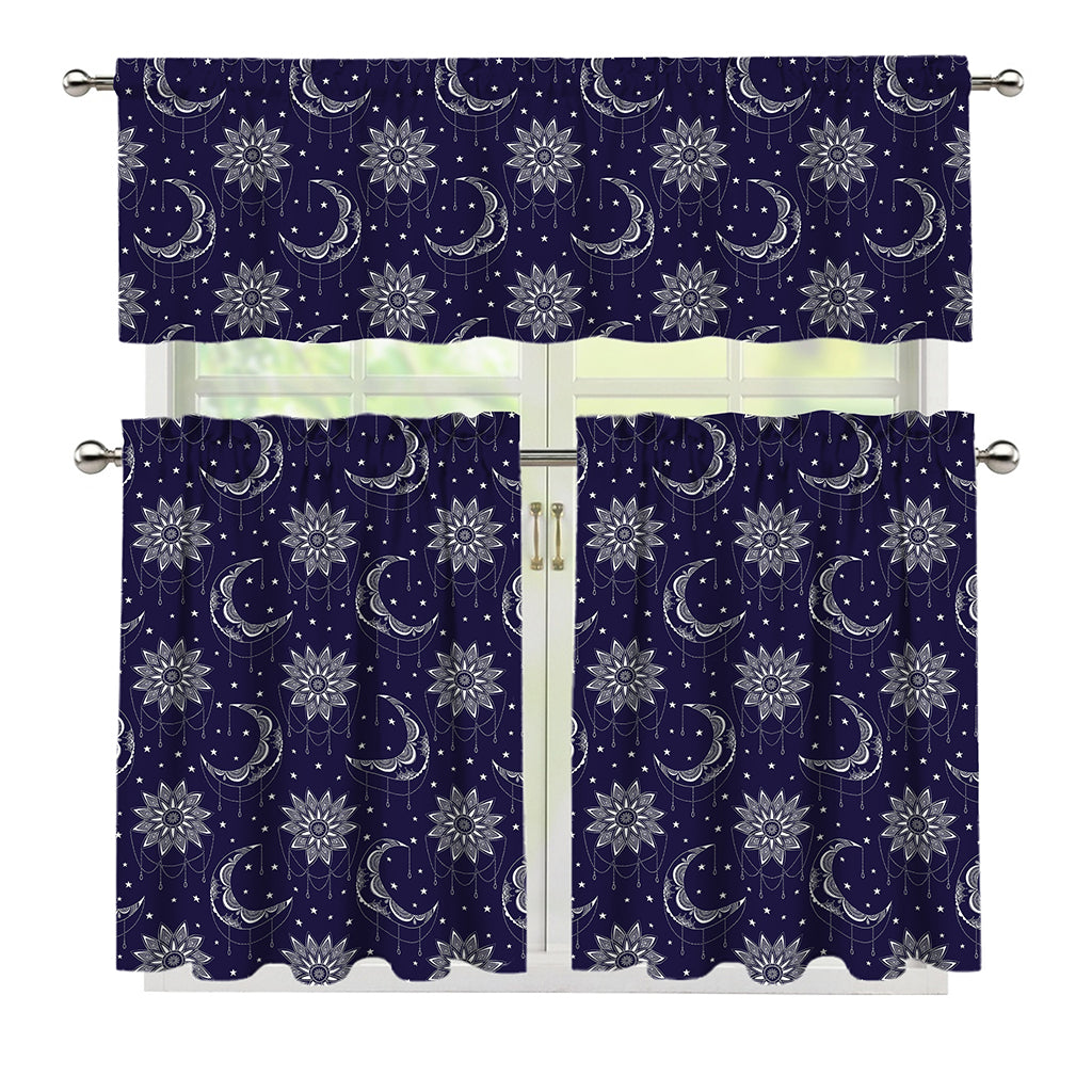 Boho Sun And Moon Pattern Print 3 Piece Kitchen Curtains