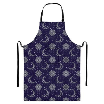 Boho Sun And Moon Pattern Print Bib Apron With Pocket