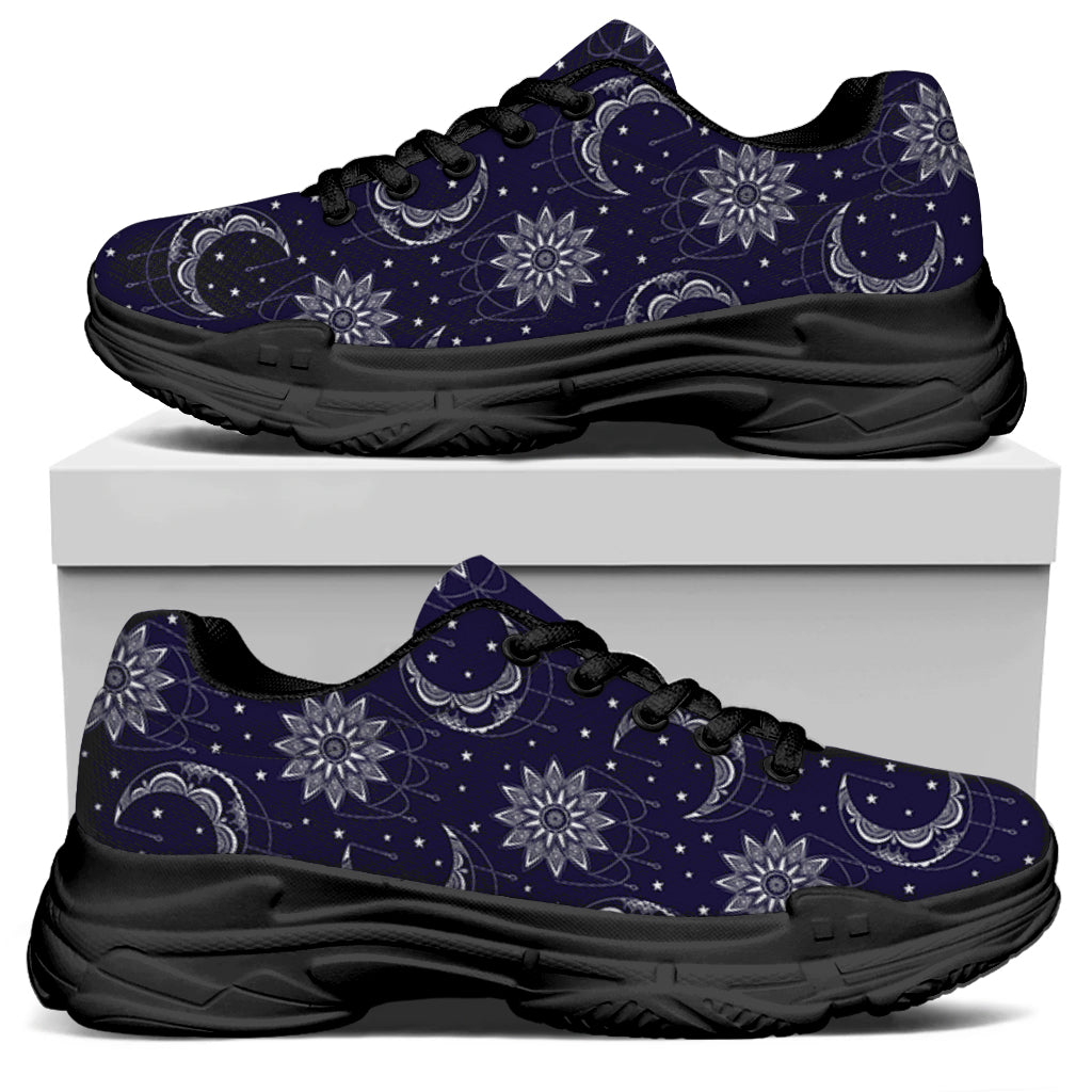 Boho Sun And Moon Pattern Print Black Chunky Shoes