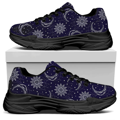 Boho Sun And Moon Pattern Print Black Chunky Shoes