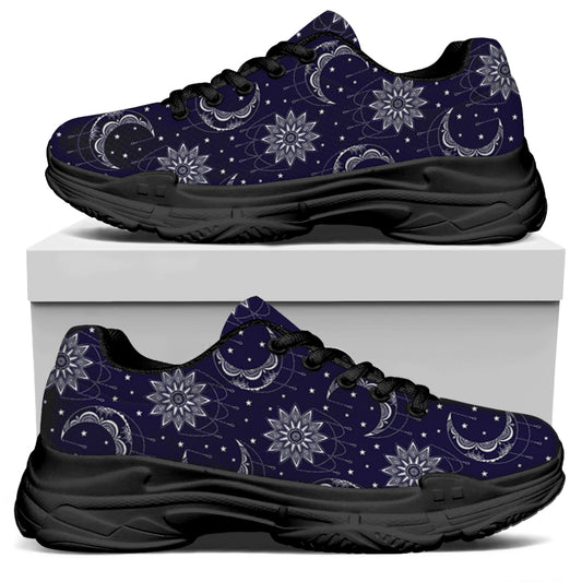 Boho Sun And Moon Pattern Print Black Chunky Shoes
